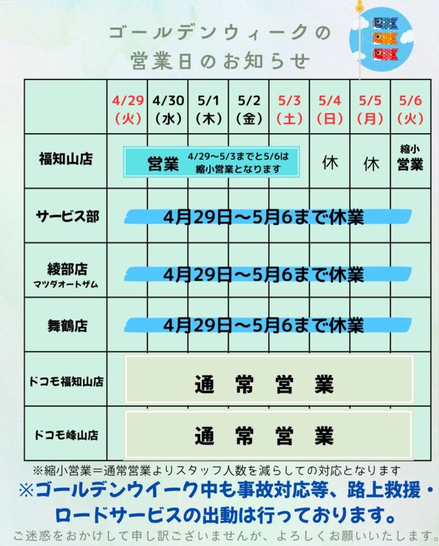 🗓ゴールデンウィークのお知らせ😊

平素より大嶋カーサービスをご愛顧いただき、
誠にありがとうございます。
ゴールデンウイーク中の営業日程について、
お知らせいたします。

🗒各店舗の営業日程

福知山店
 休業期間：5月4日 ～ 5日
 ※4月29日～5月3日・6日はスタッフ人数を減らしての営業となります。

サービス　車検　整備　鈑金塗装　
 休業期間：4月29日 ～ 5月6日

綾部店　マツダオートザム
 休業期間：4月29日 ～ 5月6日

舞鶴店
 休業期間：4月29日 ～ 5月6日

ドコモショップ福知山店
 通常営業

ドコモショップ峰山店
 通常営業

🗓通常営業開始日🗓

福知山、綾部、舞鶴店、サービス工場の通常営業開始日は5月7日からとなります。

🚘ロードサービス・路上救援🚘

ゴールデンウイーク期間中も、路上救援・
ロードサービスは無休で対応しております。
緊急の際は、下記までご連絡ください。

★福知山・綾部地域 ℡ 0773-22-1200
★舞鶴地域 ℡ 0773-75-4300
★丹後地域 ℡ 0772-42-8400
★但馬地域 ℡ 079-668-9473
★篠山地域 ℡ 0773-45-3434

お客様にはご不便をおかけいたしますが、何卒ご理解賜りますようお願い申し上げます。

#ゴールデンウィークのお知らせ #営業日#福知山車販売
#福知山車修理#京都北部ロードサービス